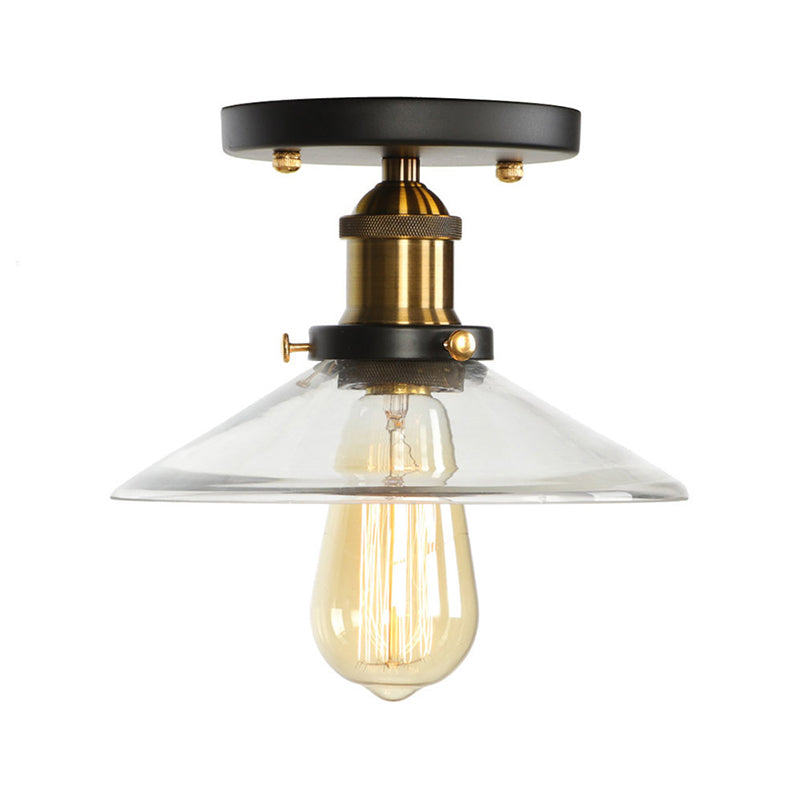 Globe/Pear Mini Corridor Semi Flush Light Farmhouse Clear/Clear Ribbed Glass 1 Head Black and Brass Ceiling Lamp