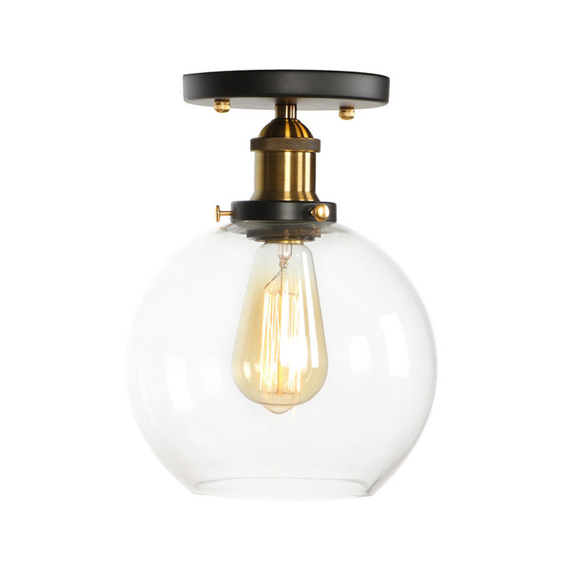Globe/Pear Mini Corridor Semi Flush Light Farmhouse Clear/Clear Ribbed Glass 1 Head Black and Brass Ceiling Lamp