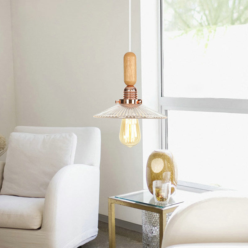 1-Light Saucer/Bell Shade Hanging Lamp Rustic Rose Gold Clear/Clear Ribbed Glass Ceiling Pendant with Wood Handle