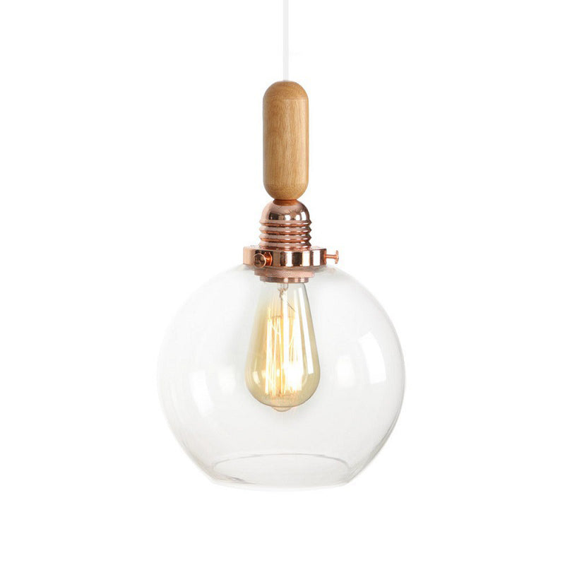 1-Light Saucer/Bell Shade Hanging Lamp Rustic Rose Gold Clear/Clear Ribbed Glass Ceiling Pendant with Wood Handle