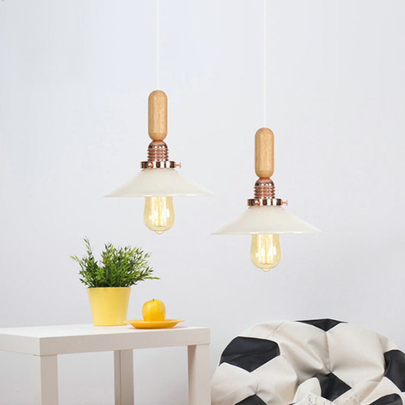 1-Light Saucer/Bell Shade Hanging Lamp Rustic Rose Gold Clear/Clear Ribbed Glass Ceiling Pendant with Wood Handle