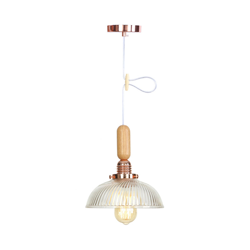 1-Light Saucer/Bell Shade Hanging Lamp Rustic Rose Gold Clear/Clear Ribbed Glass Ceiling Pendant with Wood Handle