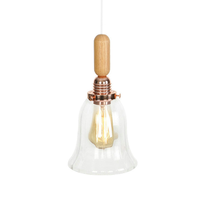 1-Light Saucer/Bell Shade Hanging Lamp Rustic Rose Gold Clear/Clear Ribbed Glass Ceiling Pendant with Wood Handle