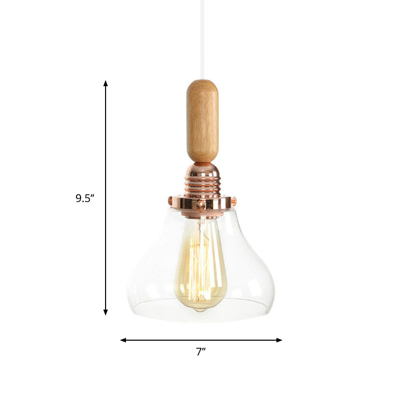 1-Light Saucer/Bell Shade Hanging Lamp Rustic Rose Gold Clear/Clear Ribbed Glass Ceiling Pendant with Wood Handle