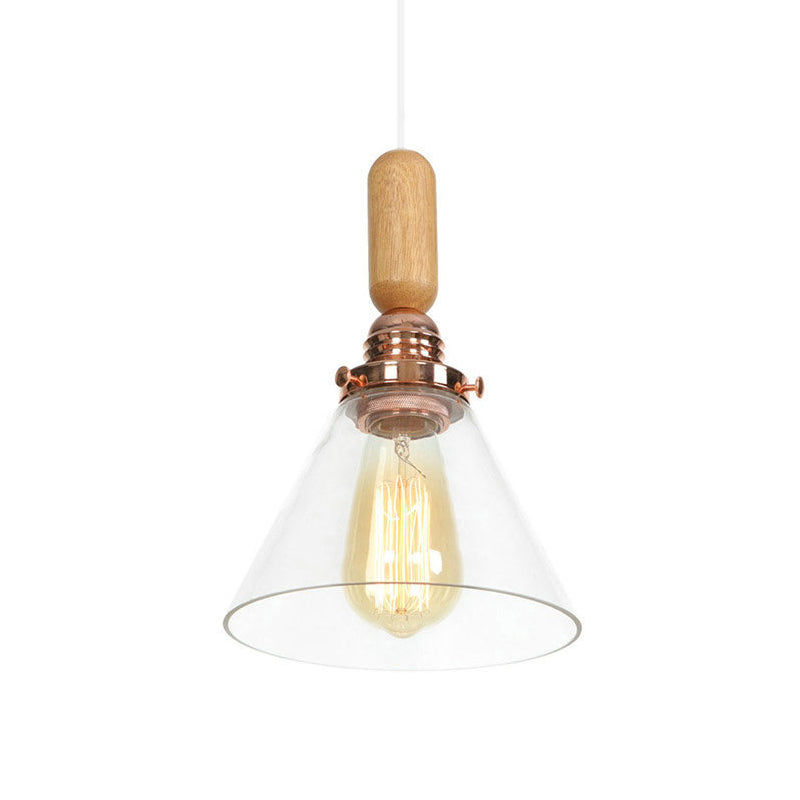 1-Light Saucer/Bell Shade Hanging Lamp Rustic Rose Gold Clear/Clear Ribbed Glass Ceiling Pendant with Wood Handle