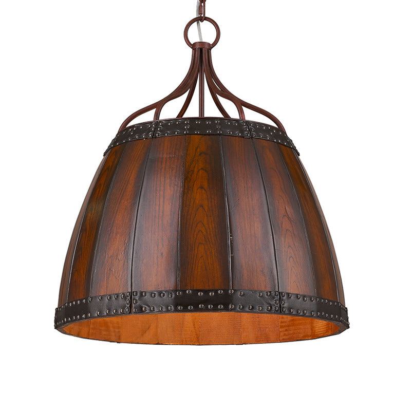 Brown Wine Drum Pendant Light Fixture Rustic Wood 4 Bulbs Living Room Chandelier Lamp