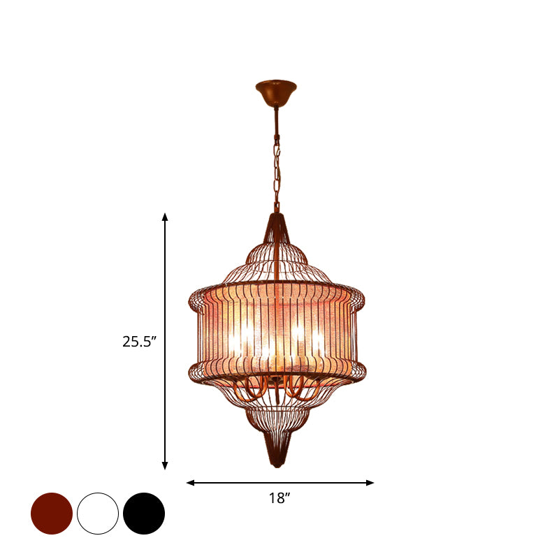 5-Bulb Larger Cage Lantern Pendant Farmhouse Black/Red/White Metal Suspension Lighting Fixture over Dining Table