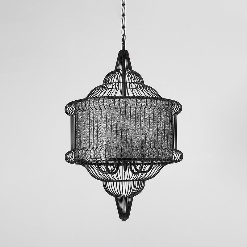 5-Bulb Larger Cage Lantern Pendant Farmhouse Black/Red/White Metal Suspension Lighting Fixture over Dining Table