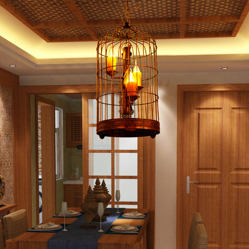 Resin Amber Drop Pendant Candle 3 Bulbs Countryside Chandelier Lamp with Antique Brass Long Bird Cage
