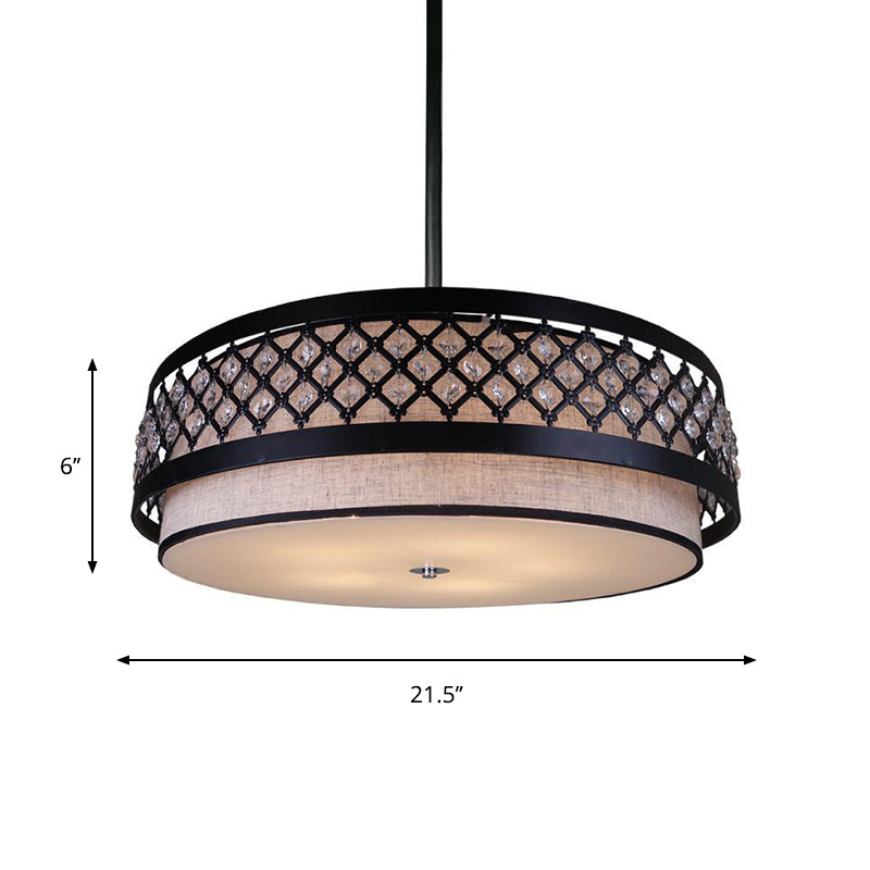 Hand Sewn Fabric Drum Pendant Farmhouse 5-Light Bedroom Chandelier Lighting with Crystal Detailing Cage Guard, Black