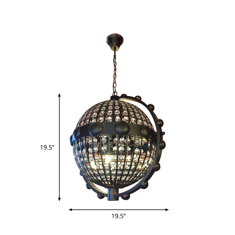 Chandelier globe à cage de fil rustique 6 ampoules en cristal de plafond en cristal biseauté en noir