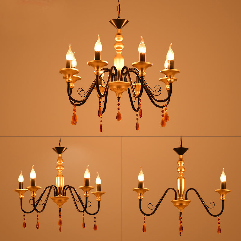 Metal Black-Gold Hanging Light Candelabra 3/5/8 Heads Farmhouse Pendant Pendants Chandelier avec Amber Crystal Drape