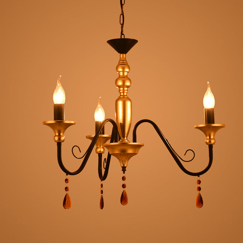 Metal Black-Gold Hanging Light Candelabra 3/5/8 Heads Farmhouse Pendant Pendants Chandelier avec Amber Crystal Drape