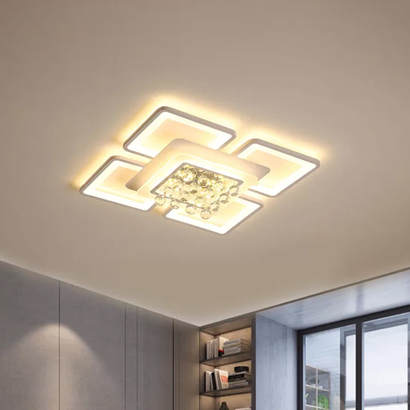 White Acrylic Square Flushmount Light Simple 21.5"/25.5" Width LED Flush Mount Lamp in Warm/White Light with Crystal Accent