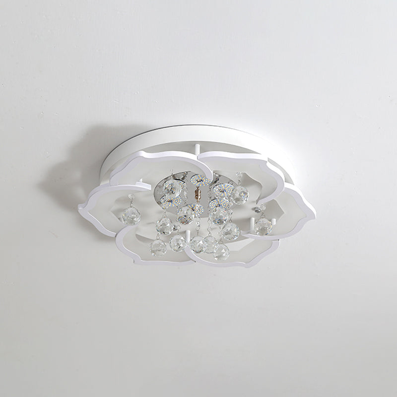 LED Bedroom Flushmount Lighting Simple White Finish Crystal Ceiling Light Fixture with Bloom Acrylic Shade in Warm/White Light, 21.5"/25.5" W