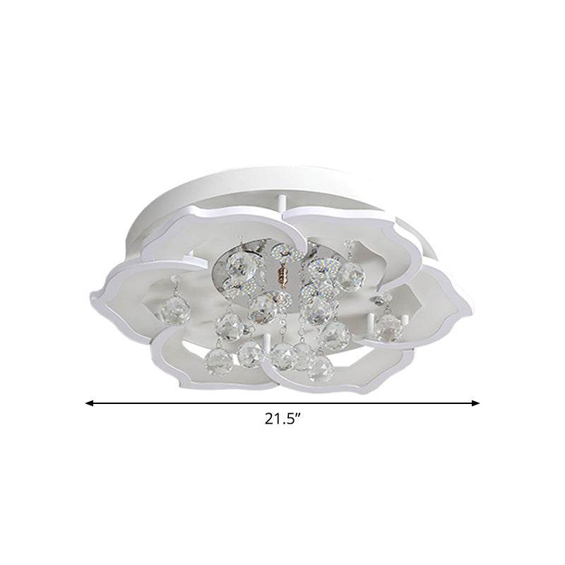 LED Bedroom Flushmount Lighting Simple White Finish Crystal Ceiling Light Fixture with Bloom Acrylic Shade in Warm/White Light, 21.5"/25.5" W