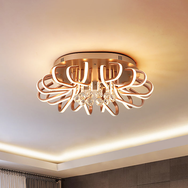 Twisted Flush Mount Lighting Simple Acrylic LED Rose Gold Ceiling Light Fixture in Warm/White Light with Crystal Ball Drop