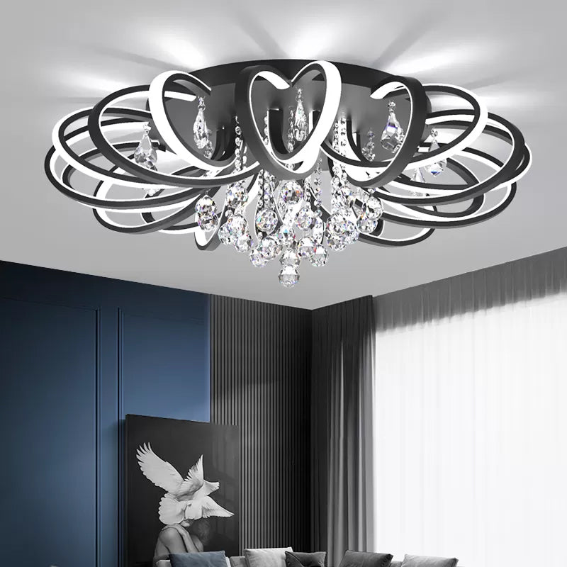 Black Swooping Flush Mount Fixture Modern Style LED Acrylic Ceiling Light with Crystal Accent for Living Room
