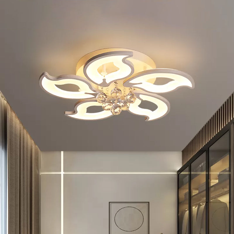 Modernity LED Flush Mount White Flower Crystal Flush Ceiling Light Fixture with Acrylic Shade