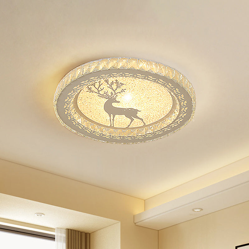 Modern Round Flush Light Fixture Clear Crystal Block LED Bedroom Ceiling Lighting in Warm/White Light with Deer Pattern