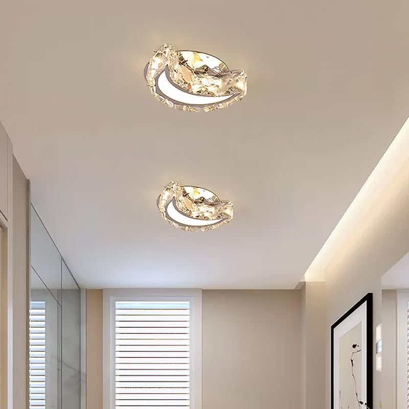 Simple Moon Flushmount Lighting Clear Faceted Crystal LED Hallway Close to Ceiling Light in Stainless-Steel
