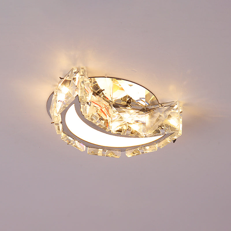 Simple Moon Flushmount Lighting Clear Faceted Crystal LED Hallway Close to Ceiling Light in Stainless-Steel
