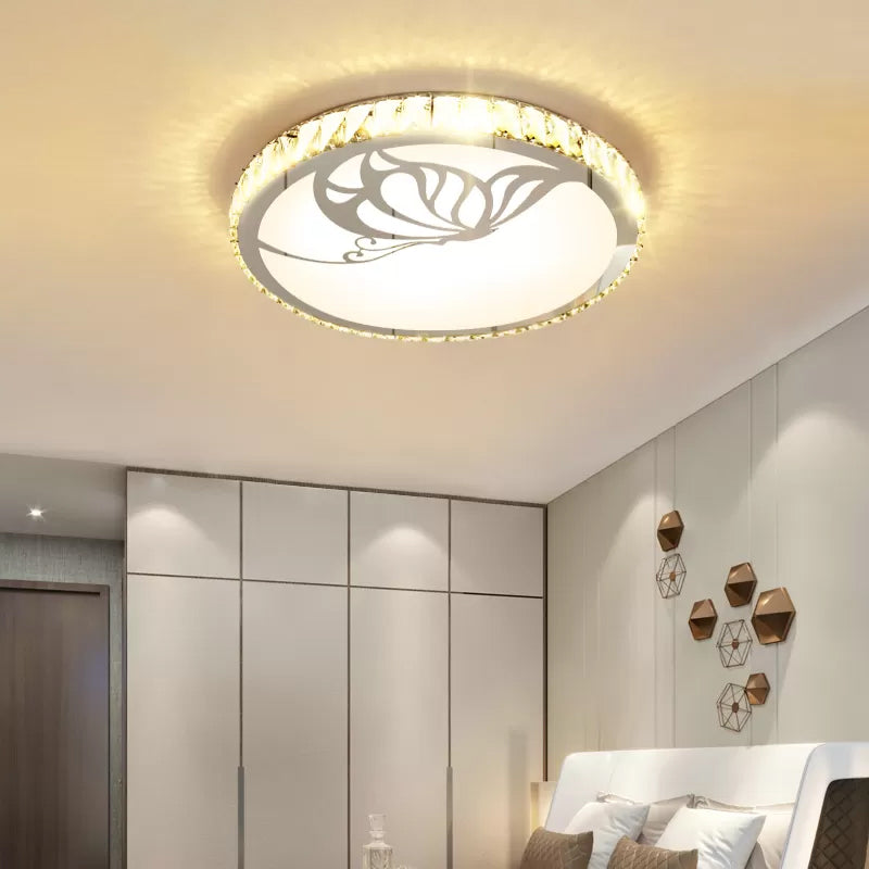 Crystal Round Ceiling Fixture Modernist LED White Flush Light in Warm/White Light with Butterfly/Petal Pattern