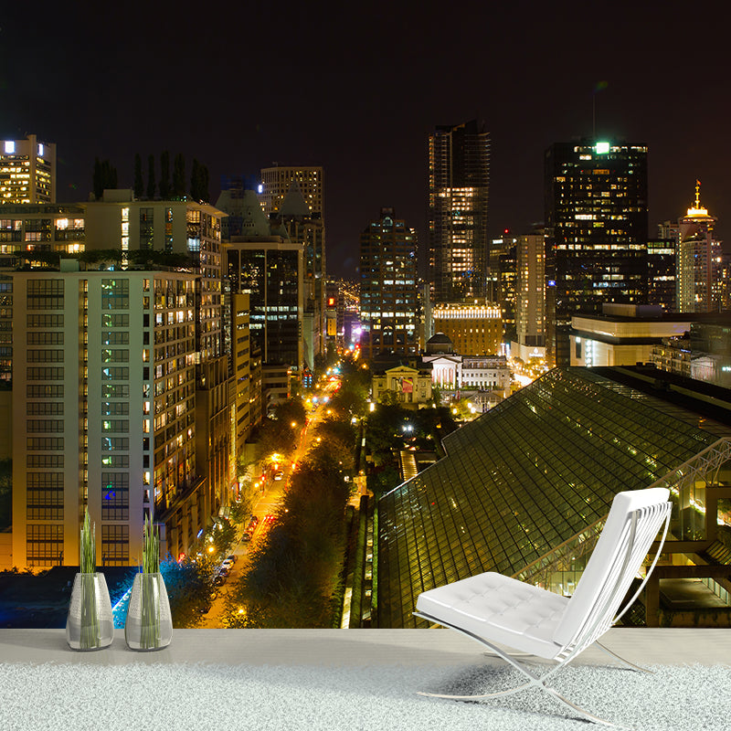 Photograph Night City Scenery Mural for Living Room, Dark Color, Personalized Size