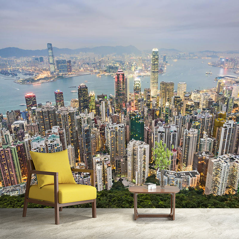 Full Size Cityscape Mural Decal Modern Enchanting Skyscrapers at Night Wall Art in Dark Color