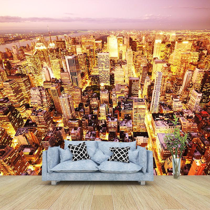 Full Size Cityscape Mural Decal Modern Enchanting Skyscrapers at Night Wall Art in Dark Color