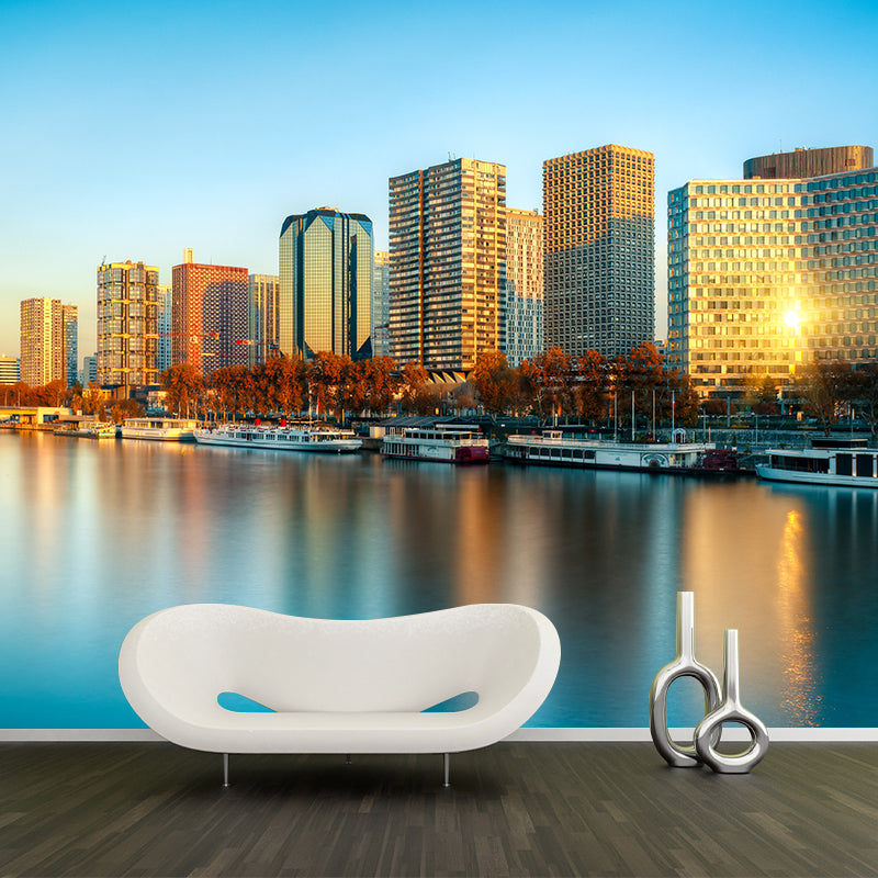 Urban Night City View Mural Bright Stain Resistant Wall Covering for Living Room