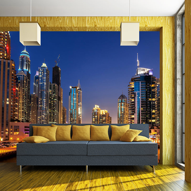 Urban Night City View Mural Bright Stain Resistant Wall Covering for Living Room