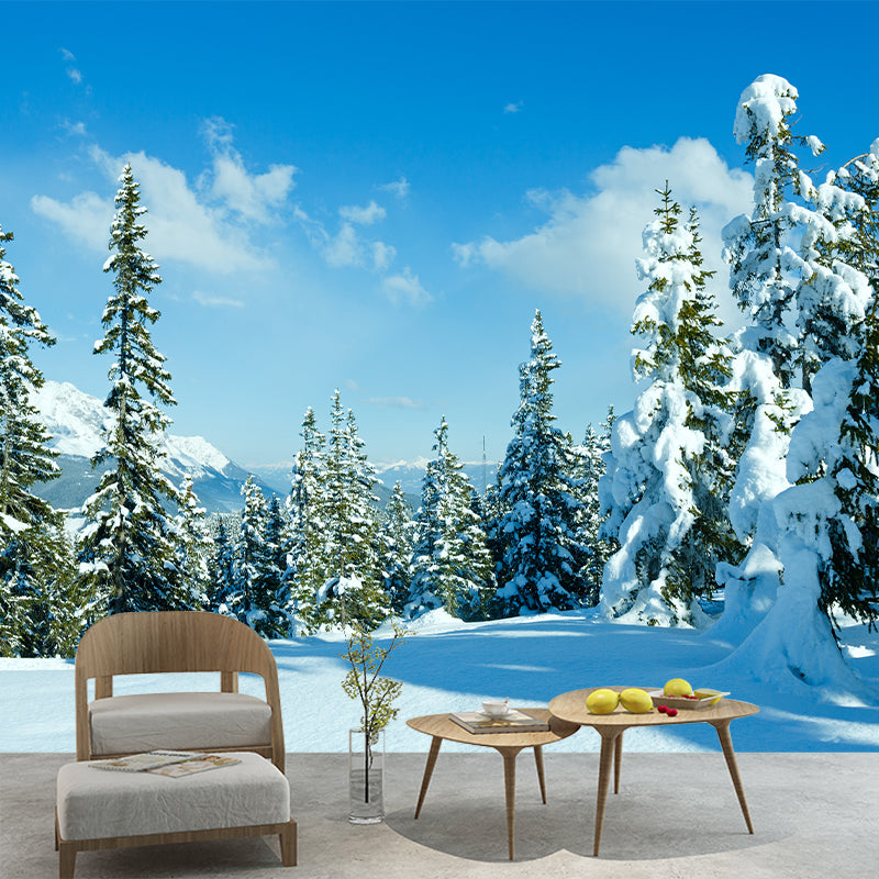 Huge Snow Scenery Mural Modern Beautiful Pine Tree and Road Wall Covering in Blue-White