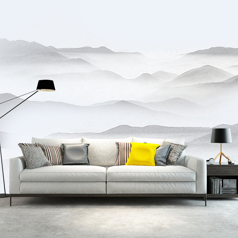 Grey Mountains Wall Mural Moisture Resistant Chinoiserie Living Room Wall Covering