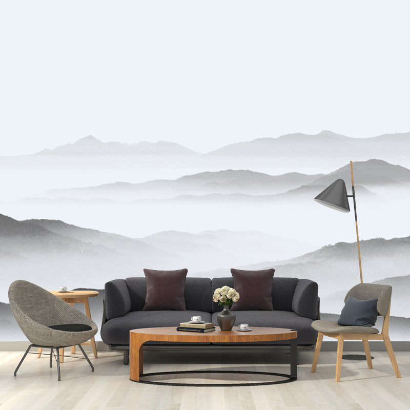 Asian Misty Mountain Mural Decal Soft Grey Living Room Wall Covering, Custom Size Available