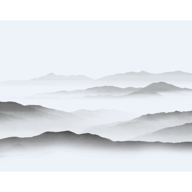 Asian Misty Mountain Mural Decal Soft Grey Living Room Wall Covering, Custom Size Available