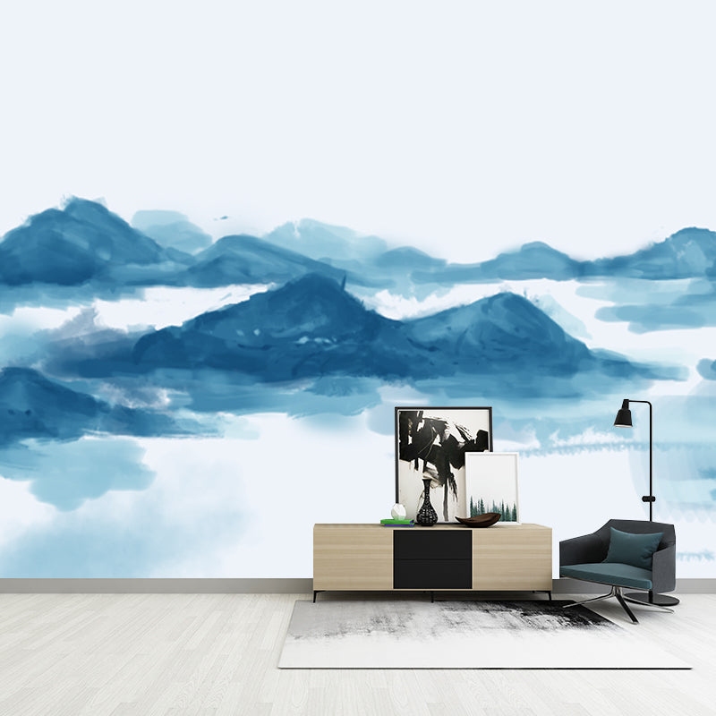 Chinese Smoggy Mountain Mural Non-Woven Moisture Resistant Light Blue Wall Covering for Bedroom