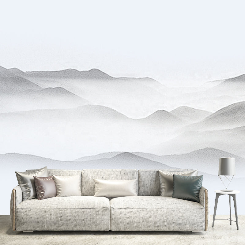 Extra Large Asian Mural Wallpaper in Gray Smoggy Mountain Wall Decor, Custom Printed
