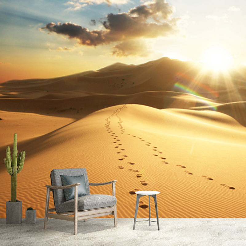 Desert with Footprint Wall Mural Modern Beautiful Wild Landscape Wall Decor in Yellow