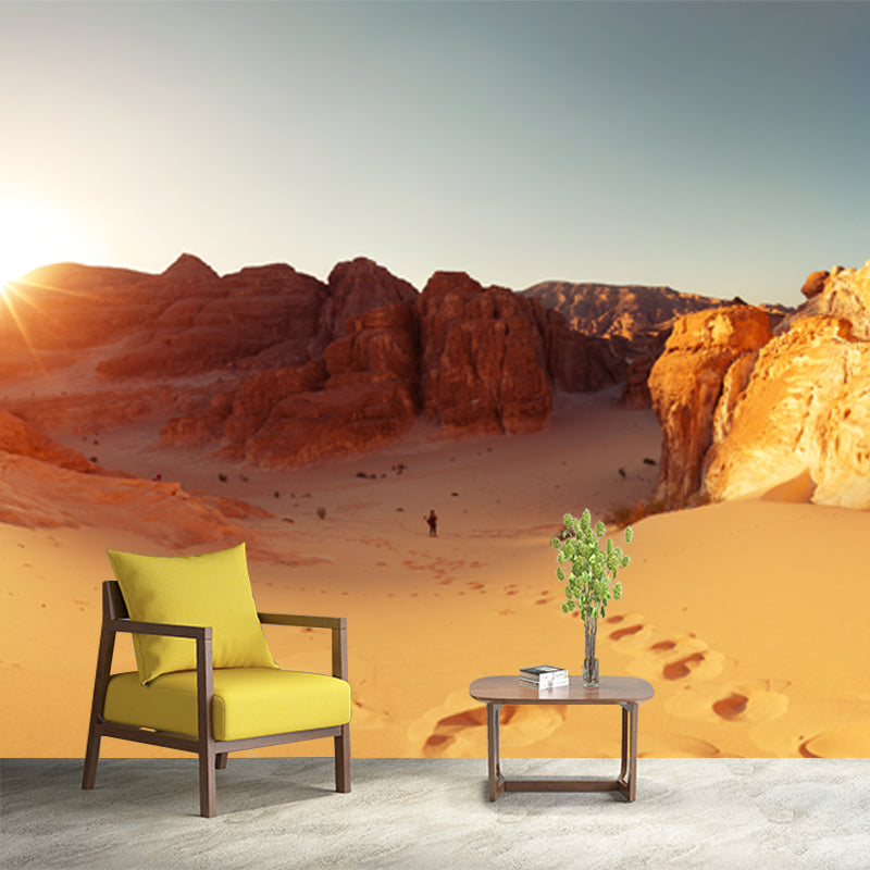 Yellow Desert View Mural Sun Behind Backlit Mountain Modern Waterproof Wall Covering