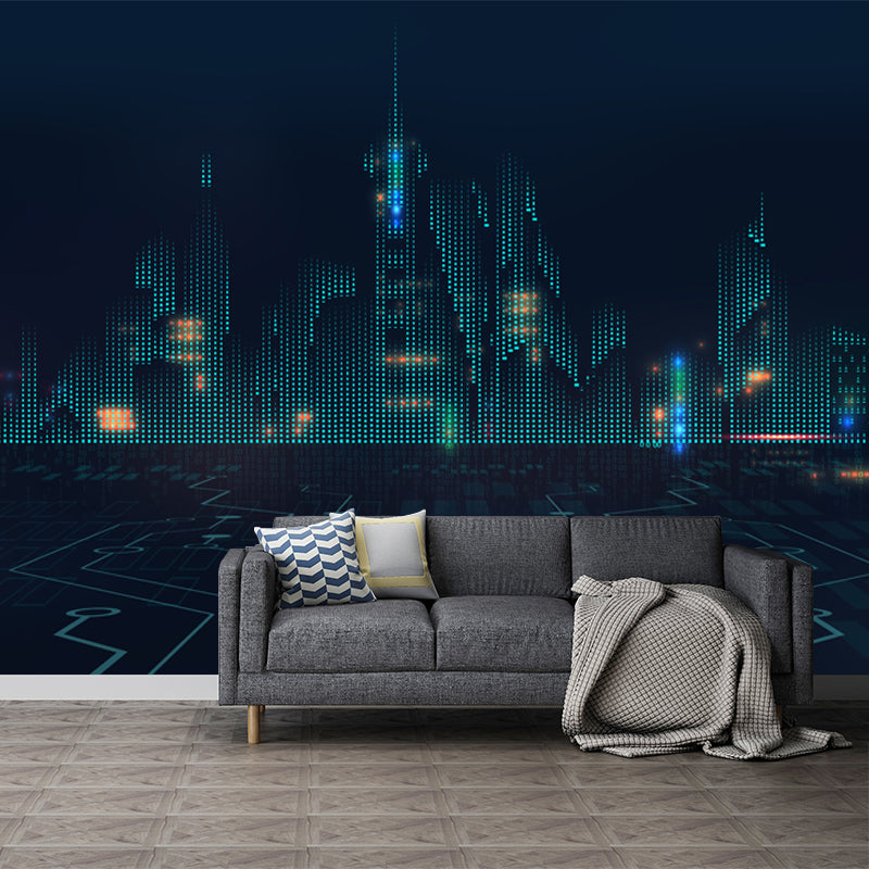 Dark Blue City Architectural Mural Moisture Resistant Wall Covering for Adults Room
