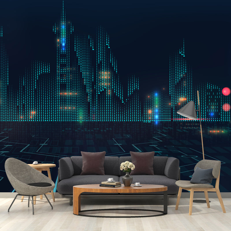Dark Blue City Architectural Mural Moisture Resistant Wall Covering for Adults Room