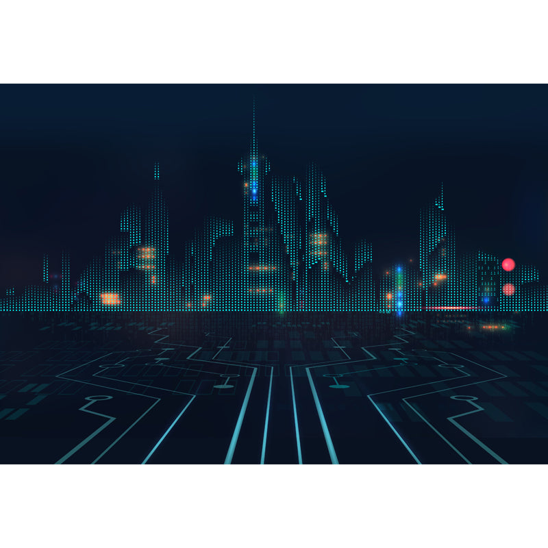 Dark Blue City Architectural Mural Moisture Resistant Wall Covering for Adults Room