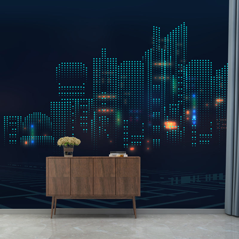 Modern 3D City View Mural Wallpaper Non Woven Moisture Resistant Black Wall Art for Living Room