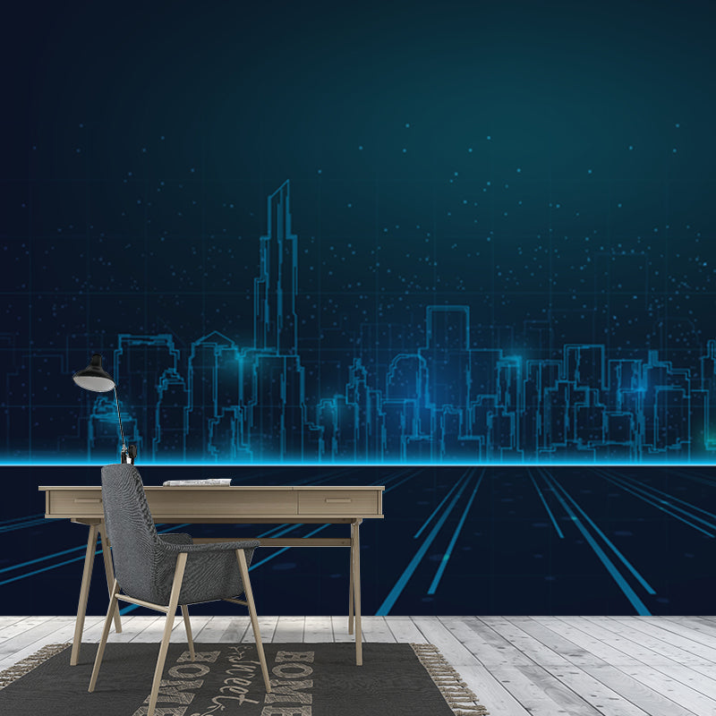 Extra Large Illustration Fictional Mural Wallpaper Downtown Landscape in Dark Blue