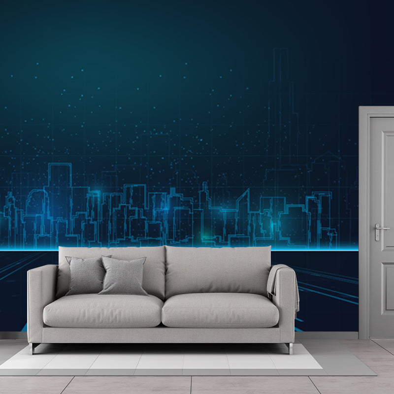 Extra Large Illustration Fictional Mural Wallpaper Downtown Landscape in Dark Blue