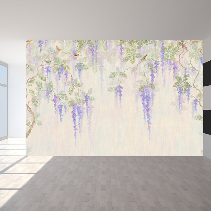 Full Size Illustration Modern Mural Decal with Flowers Trees and Birds in Soft Color