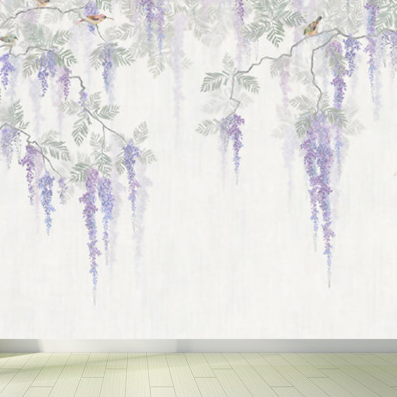 Full Size Illustration Modern Mural Decal with Flowers Trees and Birds in Soft Color