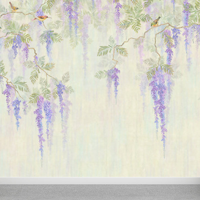 Full Size Illustration Modern Mural Decal with Flowers Trees and Birds in Soft Color
