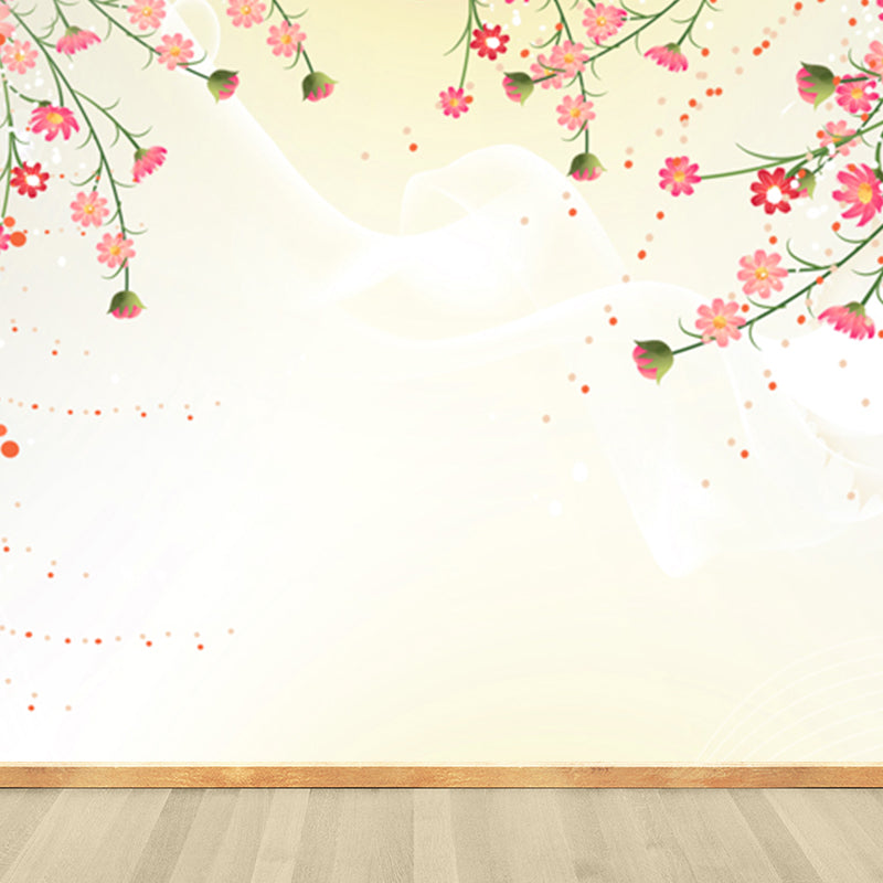 Contemporary Flower Branch Mural Soft Color Stain-Proofing Wall Art for Playroom